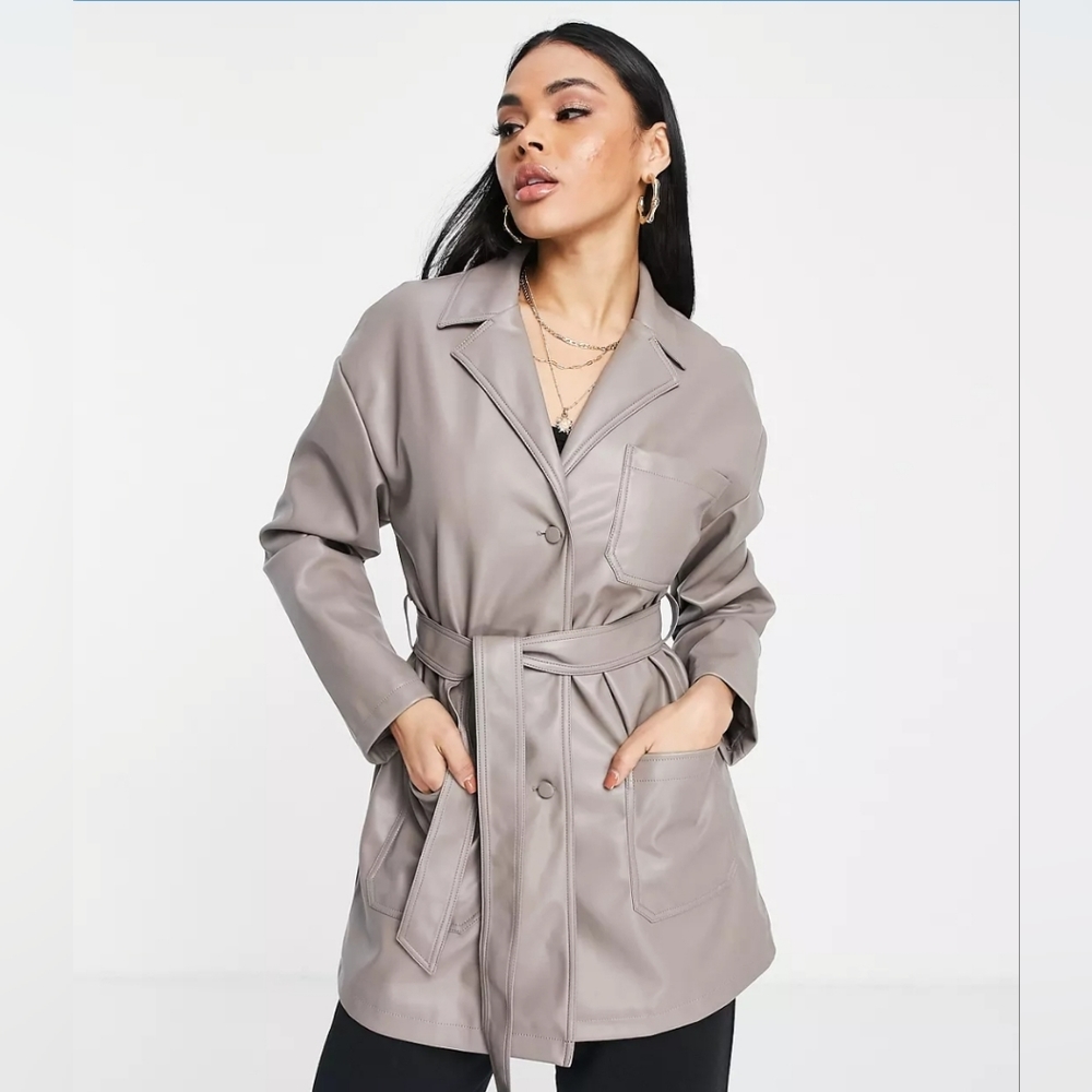 Topshop faux leather belted shirt jacket with revere collar in gray